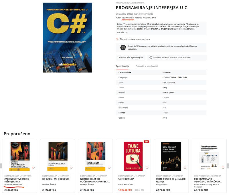 His book on PC interfaces in C#, in a Serbian bookstore today. The first book in the recommended row below it is mine.